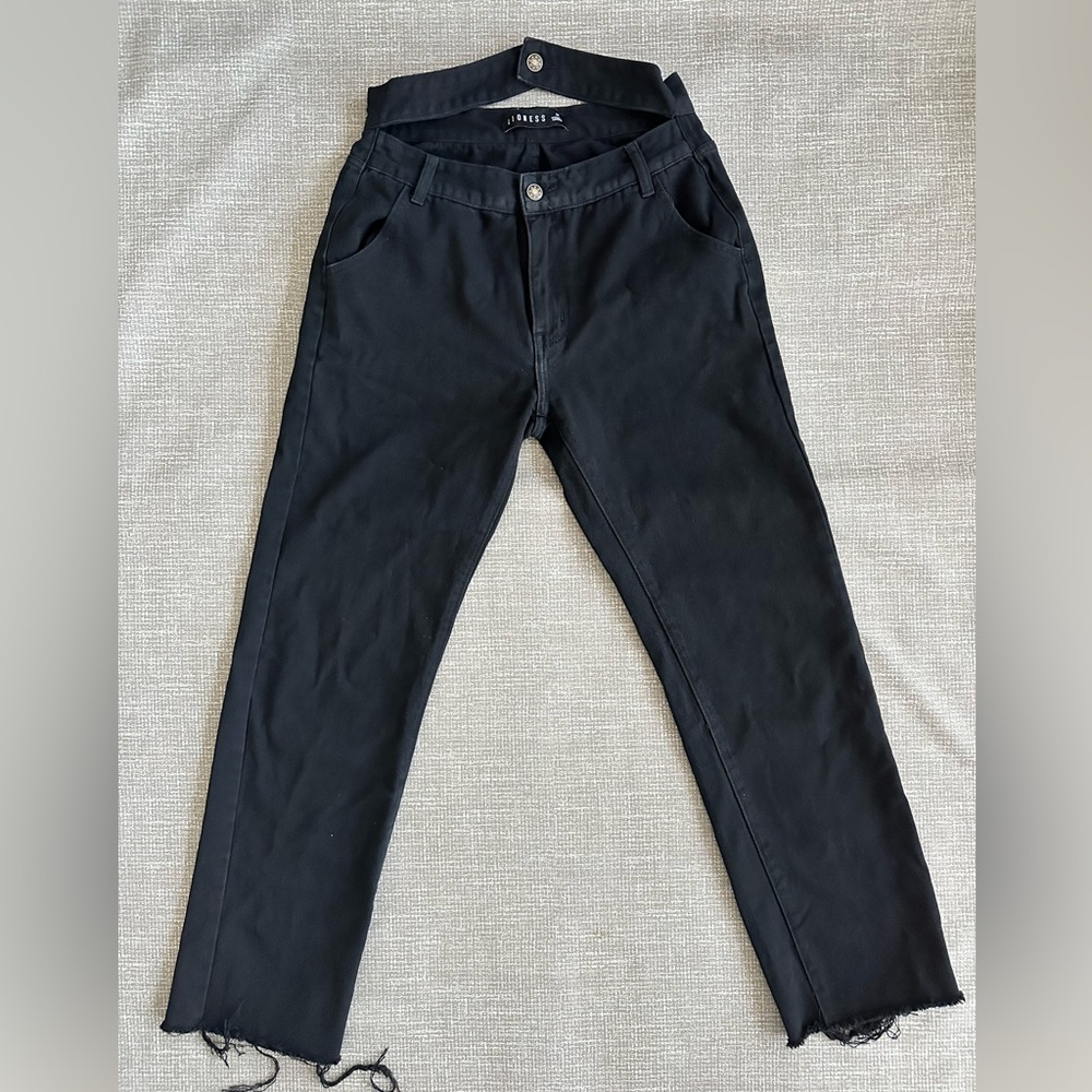 Lioness Black Double Waistband Jeans Size M Layered Strap High Rise Raw Hem